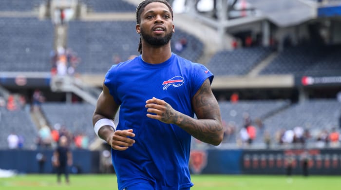 Aug 26, 2023; Chicago, Illinois, USA; Buffalo Bills safety Damar Hamlin (3) runs off the field after a game against the Chicago Bears at Soldier Field. Mandatory Credit: Daniel Bartel-USA TODAY Sports